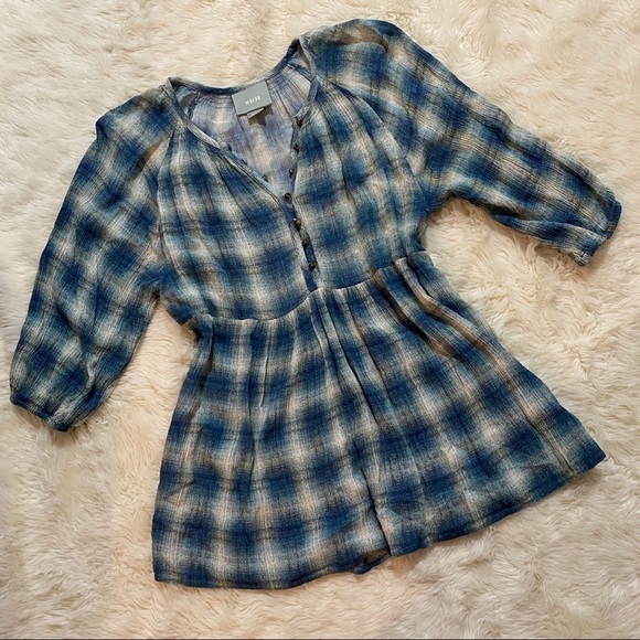 Anthropologie Maeve Blouse Cavalon Babydoll Peplum Flowy Plaid Blue XS - Picture 2 of 12